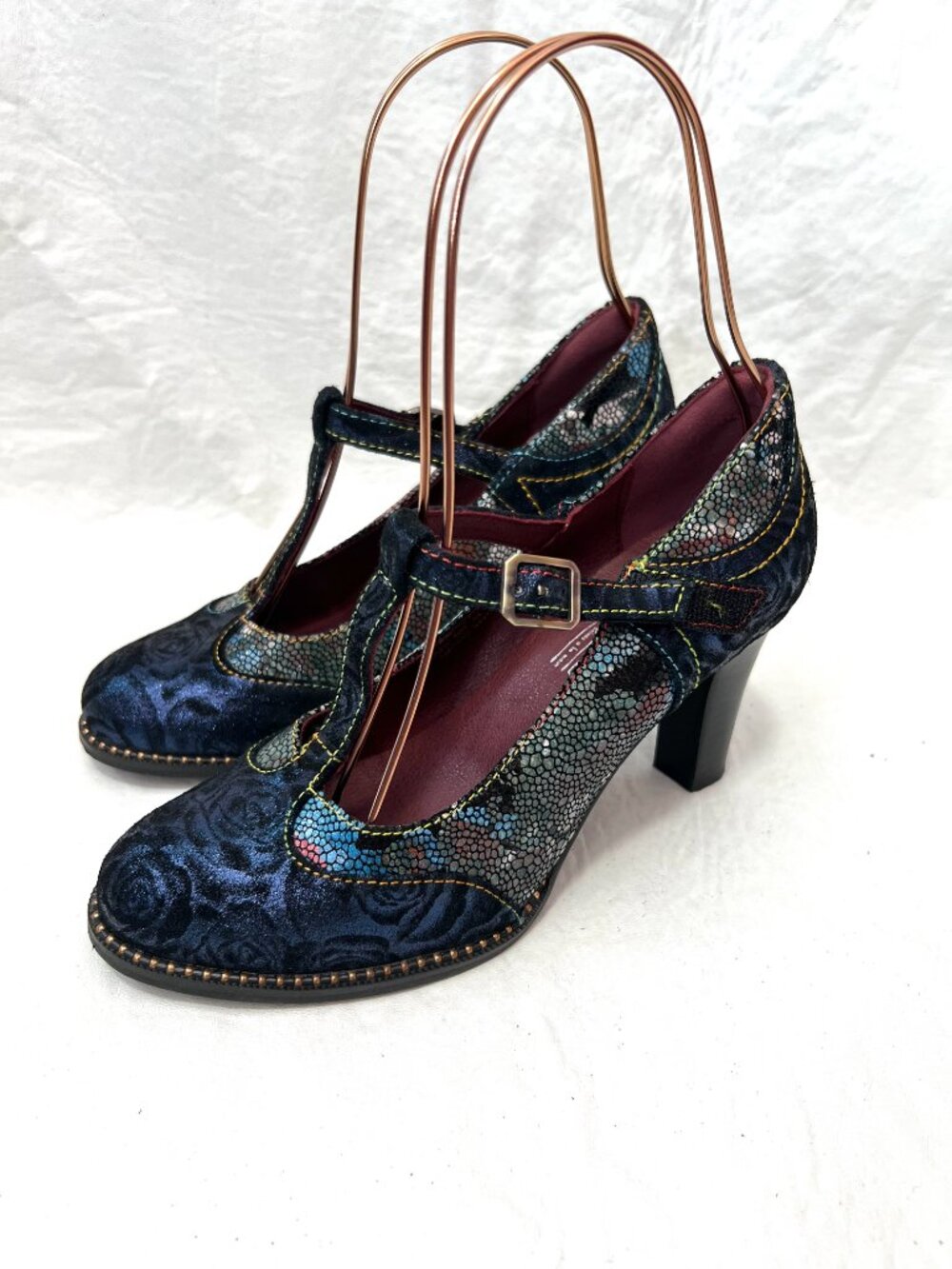 L'Artiste pumps high heels 36 6 womens Mazie navy blue floral metallic t bar - Picture 3 of 11